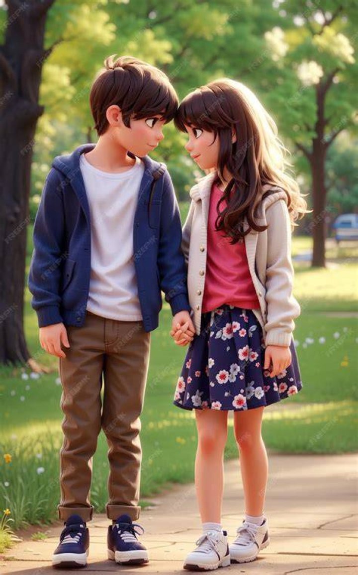 A young boy and girl look at each other with stars in the background.